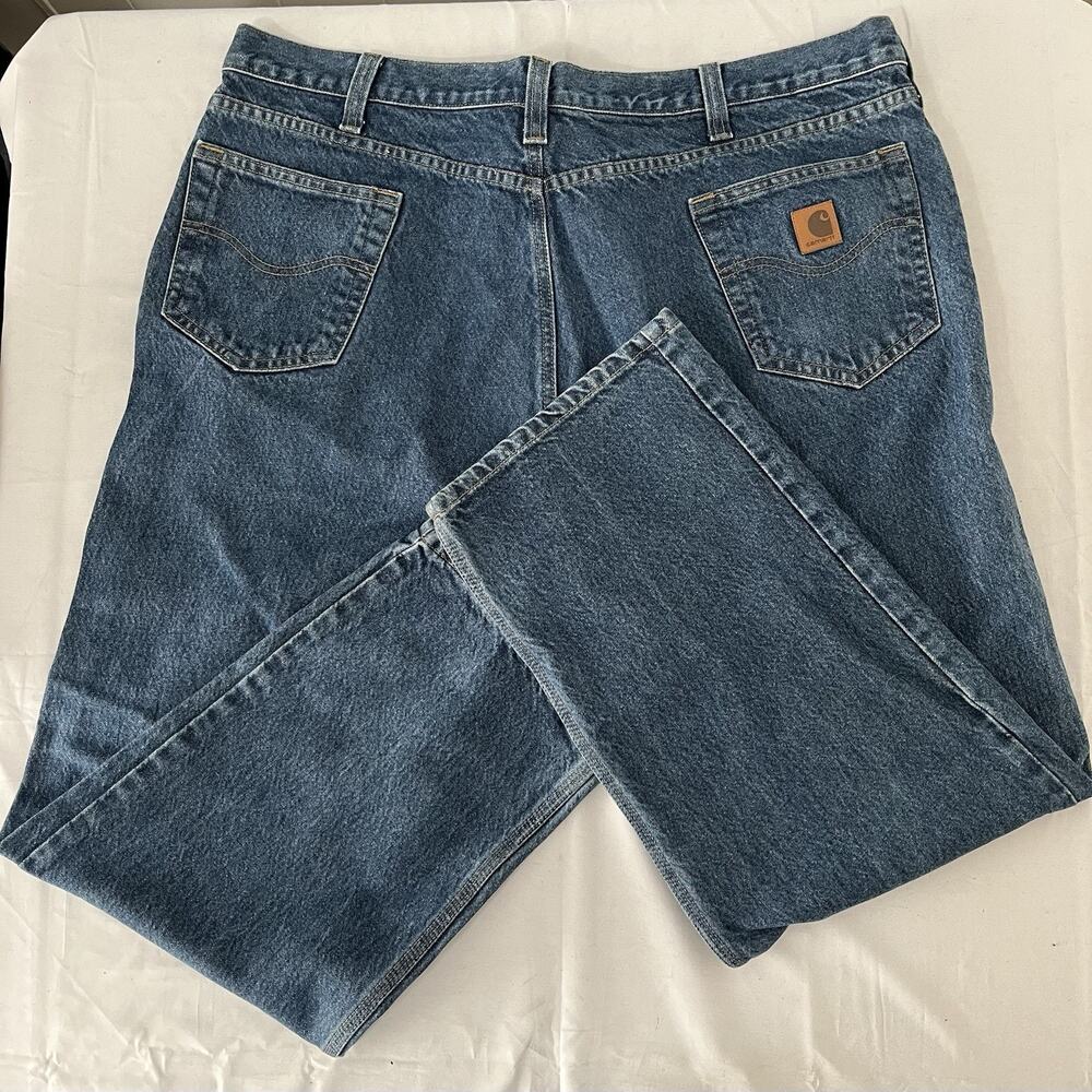 Carhartt Relaxed Fit Straight Leg Blue Jeans Men's Size 44x30 Leather Patch Nice